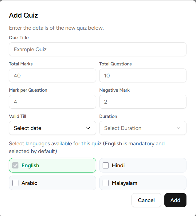 Add Quiz Modal